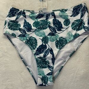 Cupshe Tropical Leaf High-Waisted Bikini Bottom - Green and White